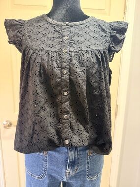 Madewell Eyelet Button-Front Flutter Sleeve Top - Black NWOT